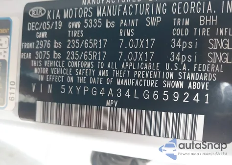 2020 Kia Sorento 2.4L Lx z USA, uszkodzony, nr VIN 5XYPG4A34LG659241